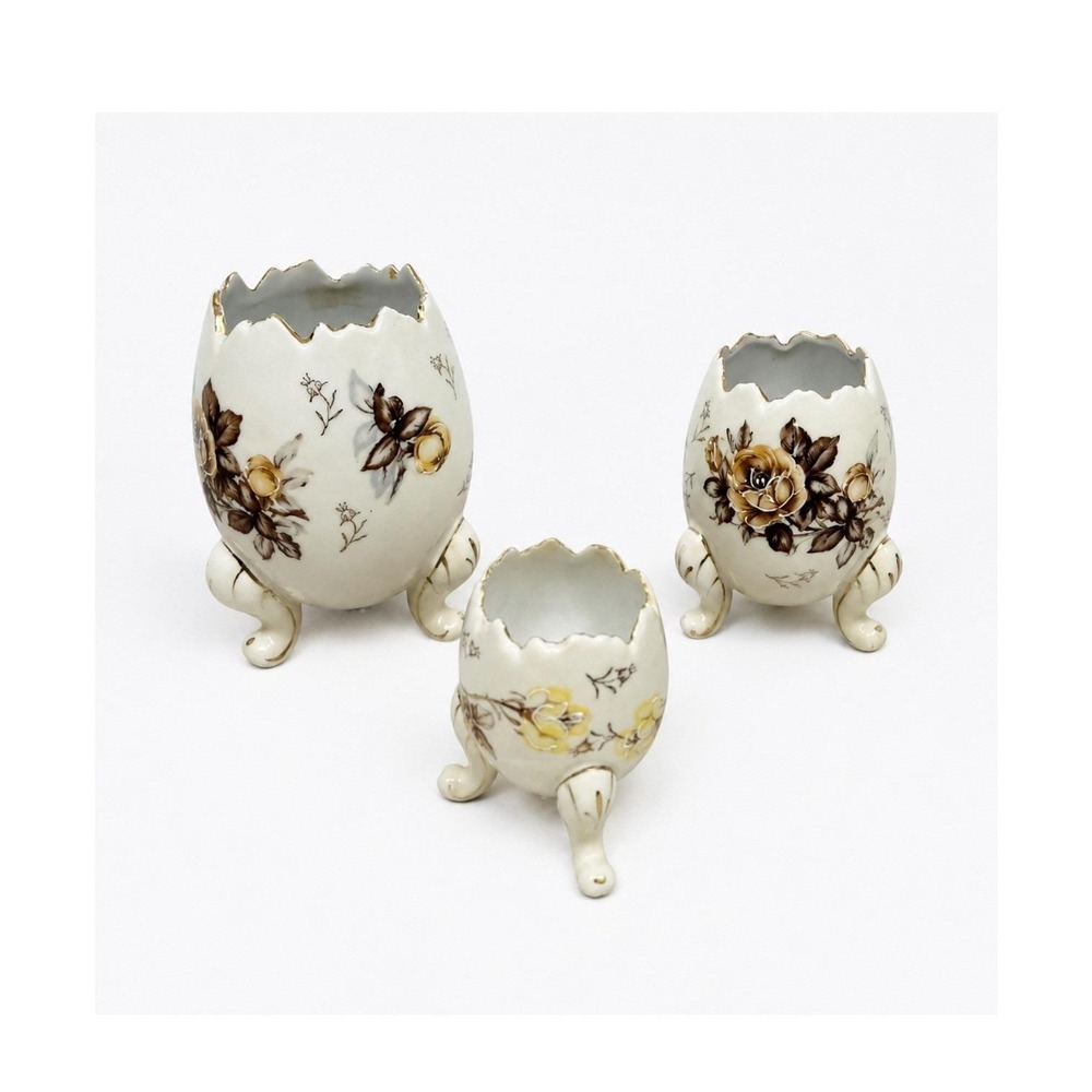 Vintage Napcoware Set of 3 Floral Egg Footed Vases C3199 Gold Trim Cracked Shell